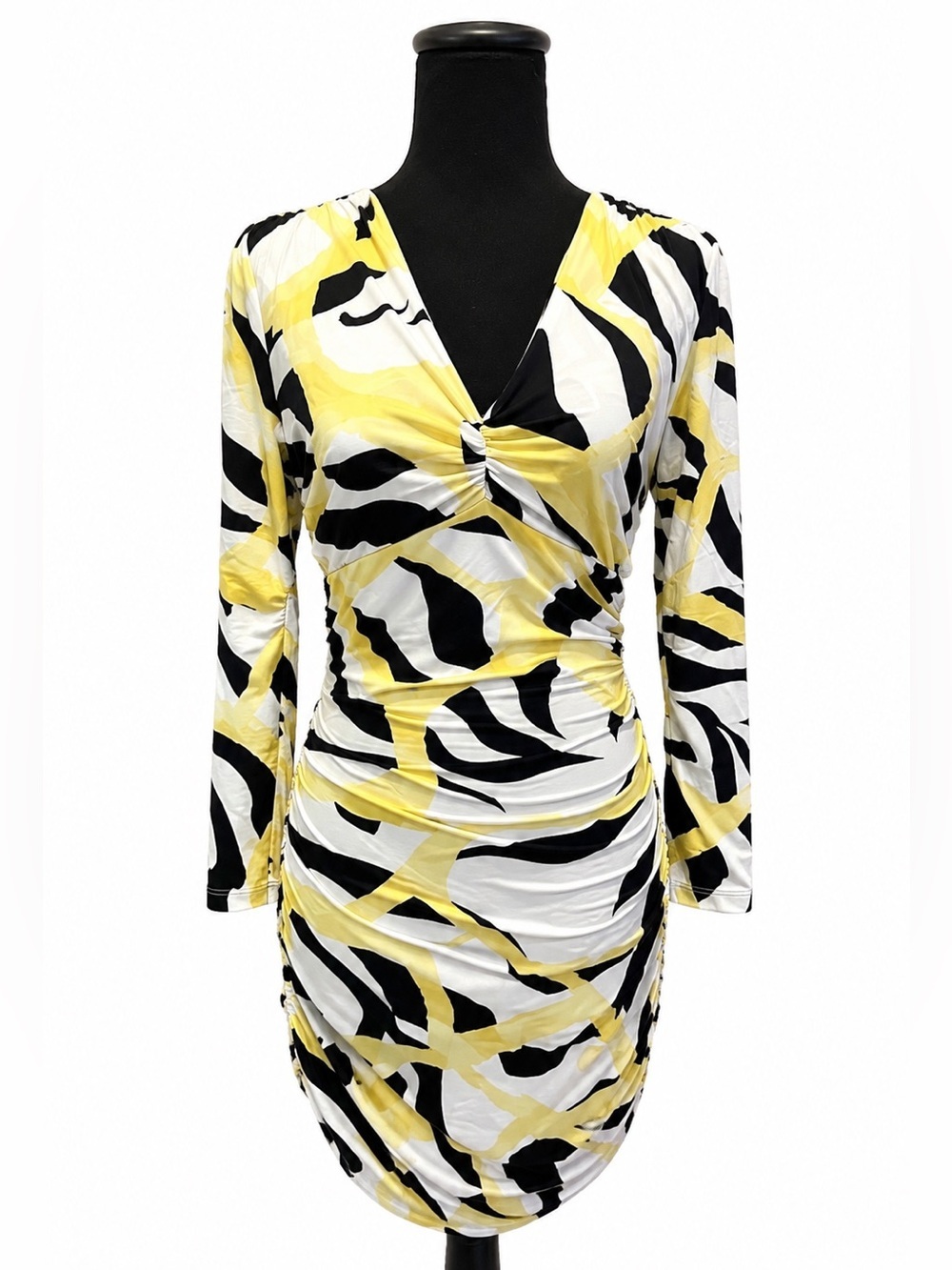 NWT ROBERTO CAVALLI GATHERED YELLOW BLACK AND WHITE PRINT V NECK MINI DRESS